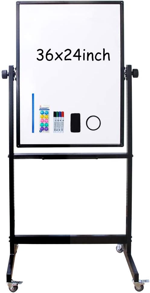 XIWODE Double-Sided Magnetic Dry Erase Board，36 X 24 Inch Mobile Whiteboard on Wheels with Rolling Stand, Black Aluminum Frame