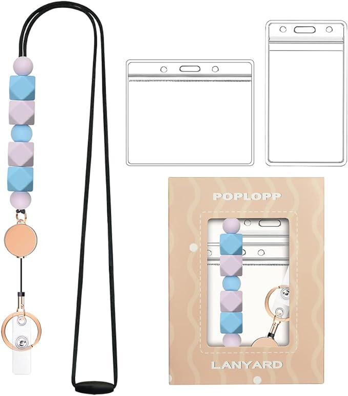 Retractable Lanyards for ID Badges and Keys, Cute Breakaway Teacher Lanyard with Badge Holders and Reels, Silicone Beaded Lanyard for Women, Nurses, Office with 2 Waterproof Card Holders