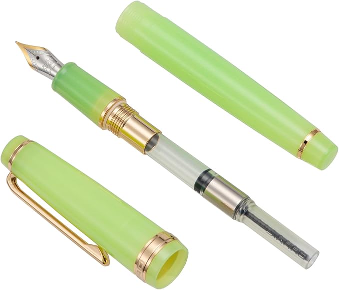 Jinhao 82 Acrylic Fountain Pen, Iridium Bent Nib with Ink Converter, Transparent Green Classic Design Calligraphy Pen (Gold Trim)