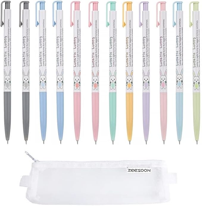 ZEESOON Xeno Lunatic Lunny 0.38mm Slim Ball Point Pen 12 Pens, Extra Fine Point Colored Ballpoint Pen, Made in Korea (Assorted 12pcs with Pencil Case)