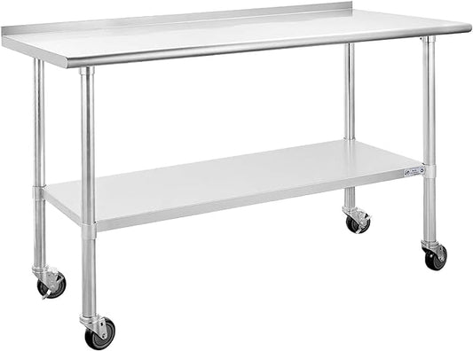 HALLY Stainless Steel Table for Prep & Work 24 x 60 Inches with Caster Wheels, NSF Commercial Heavy Duty Table with Undershelf and Backsplash for Restaurant, Home and Hotel