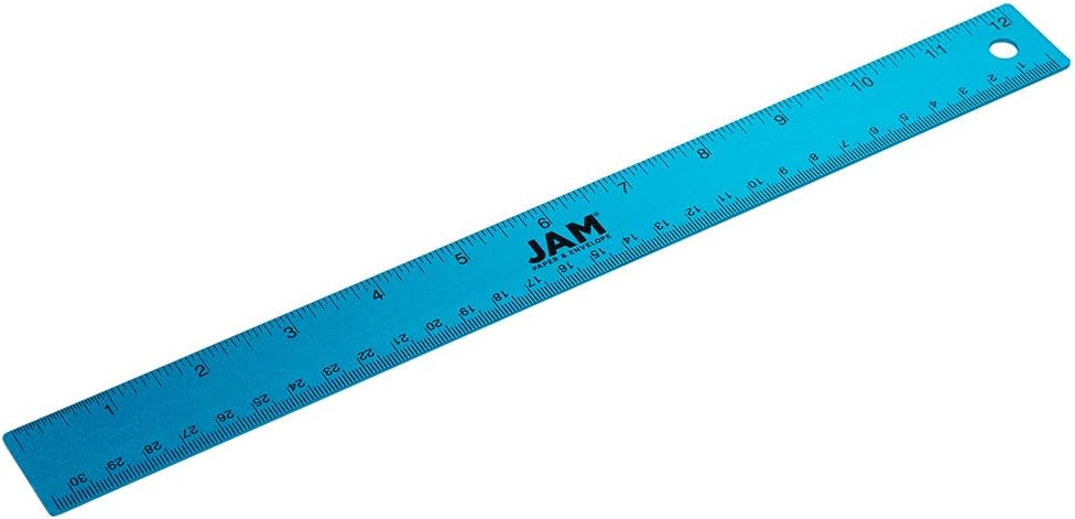 JAM PAPER Strong Aluminum Ruler - 12 Inch - Metal Ruler with Non-Skid Cork Backing - Blue Metallic - Sold Individually