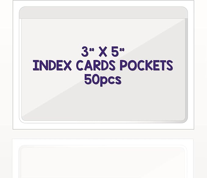 Clear Adhesive 3" x 5" Index Card Pockets with Top Open for Loading, 50 Pack, Plastic Labels Holders for Storage Bins and Library Card, Ideal Card Holder for Organizing and Protecting Your Index Cards
