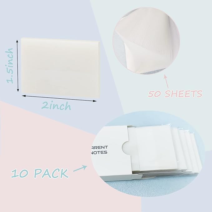 Transparent Sticky Notes 500 Sheets, 1.5 x 2 in Clear Sticky Notes, See Through Invisible Translucent Sticky Notes Waterproof Self-Stick Note Pads for School, Office (10 Packs)