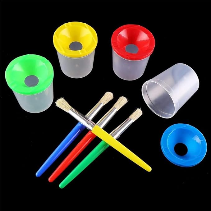 DIYASY 4 Pcs Kids No Spill Paint Cups and 4 Round Paint Brushes 4 Colors Spill Proof Paint Cups for Children’ Art Class and Home.