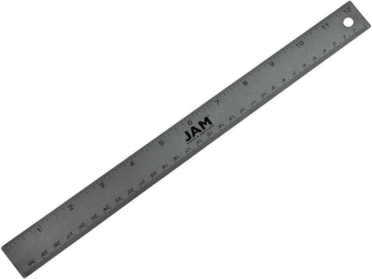 JAM PAPER Strong Aluminum Ruler - 12 Inch - Metal Ruler with Non-Skid Cork Backing - Grey Metallic - Sold Individually