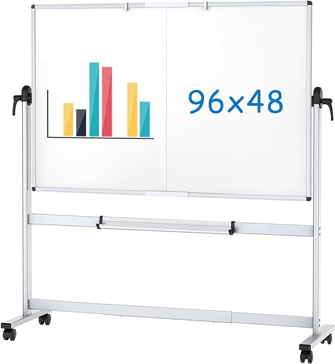 VIZ-PRO Double-Sided Mobile Whiteboard, 96 x 48 Inches, Magnetic Rolling Dry Erase White Board on Wheels with Aluminium Frame and Stand