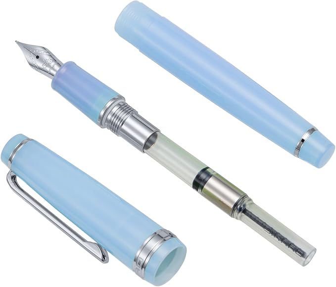 Jinhao 82 Acrylic Fountain Pen, Iridium Medium Nib with Ink Converter, Transparent Light Blue Classic Design Smooth Writing Pen (Silver Trim)