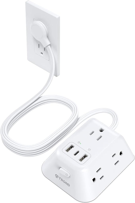 TROND Flat Extension Cord 10ft, Ultra Thin Flat Plug Power Strip, 5 Widely-Spaced AC Outlets and 3 USB Ports, 1440J Surge Protector, 3-Sided Wall Mount for Home Office Dorm Room, White