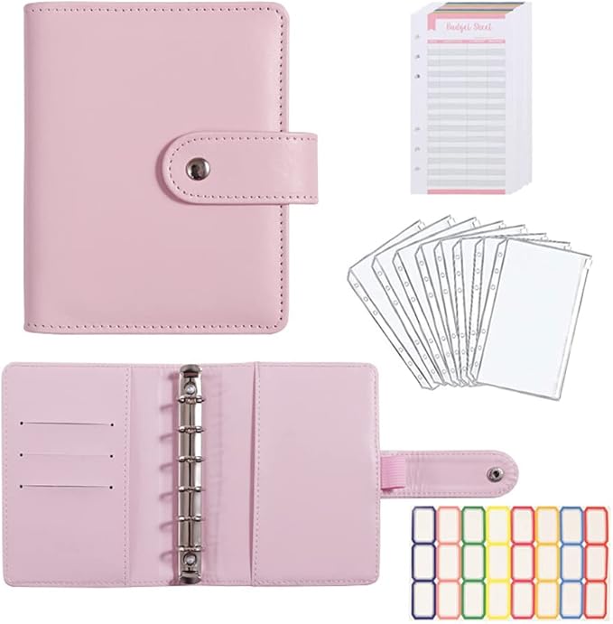 A7 Budget Binder Set - Mini Money Organizer for Cash Saving, Cash Stuffing Envelope System, Planner Binders with Pockets, Sheets and Stickers, Pink
