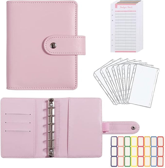 A7 Budget Binder Set - Mini Money Organizer for Cash Saving, Cash Stuffing Envelope System, Planner Binders with Pockets, Sheets and Stickers, Pink