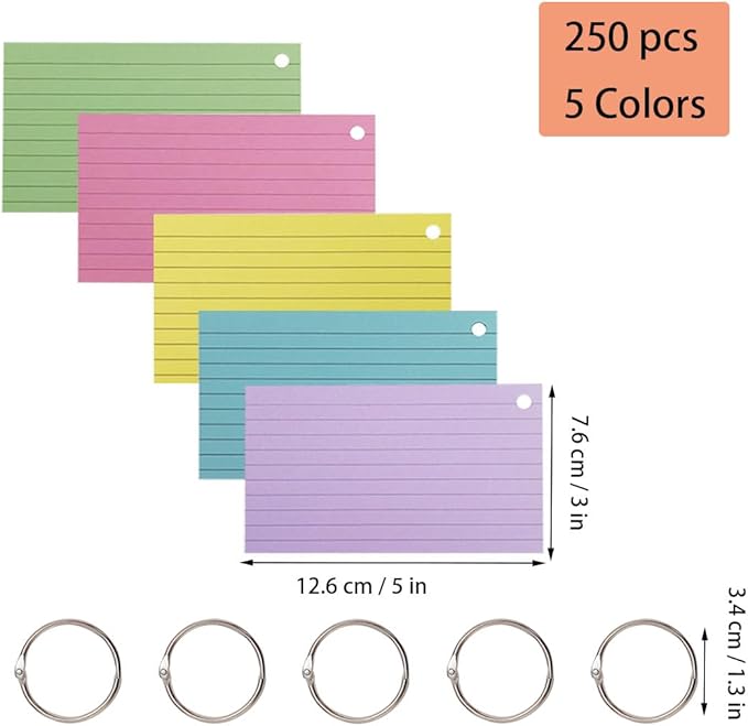 250 PCS Lined Colored Index Flashcards, 3x5 Inches Flash Cards with Ring, with Ring Lined Flashcards, Colored Index Cards, Punched Lined Study Cards, Colored Heavy NotecardsWith Ring