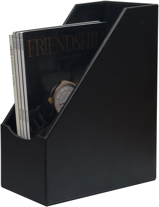 UnionBasic Magazine File Holder, Leatherette Desktop Document Organizer, Home Office Paper Holder File Storage Literature Sorter, Black