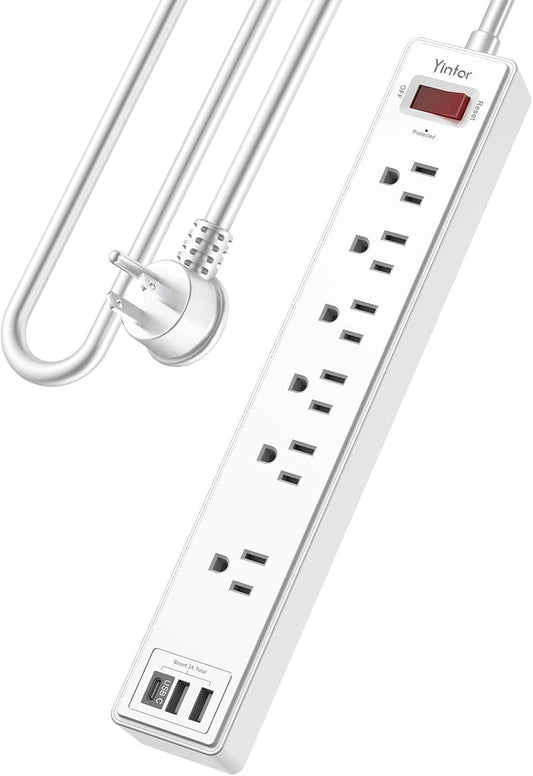 6 Ft Power Strip Surge Protector - Yintar Extension Cord with 6 AC Outlets and 3 USB Ports for Home, Office, Dorm Essentials, 1680 Joules, ETL Listed, White