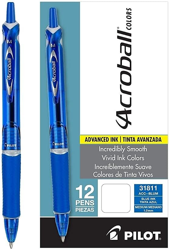 PILOT Acroball Colors Advanced Ink Refillable & Retractable Ball Point Pens, Medium Point, Blue Ink, 12-Pack (31811)