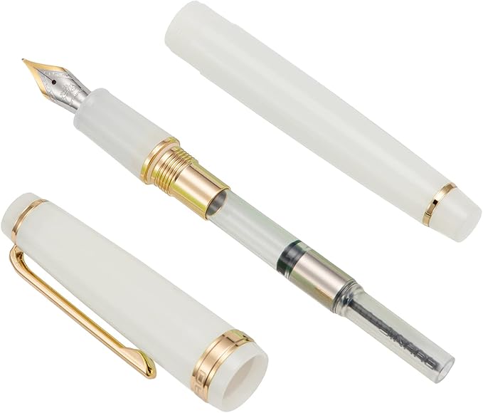 Jinhao 82 Acrylic Fountain Pen, Iridium Extra Fine Nib with Ink Converter, Transparent Ivory White Classic Design Smooth Writing Pen (Gold Trim)