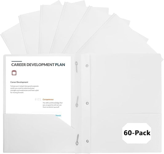 60-Pack Plastic Folders with Pockets and Prongs,2-Pocket Folders with 3 Fasteners, Poly Folders Holds 8-1/2" x 11" Paper for School/Office/Home, White
