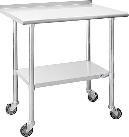 HALLY Stainless Steel Table for Prep & Work 24 x 36 Inches with Caster Wheels, NSF Commercial Heavy Duty Table with Undershelf and Backsplash for Restaurant, Home and Hotel