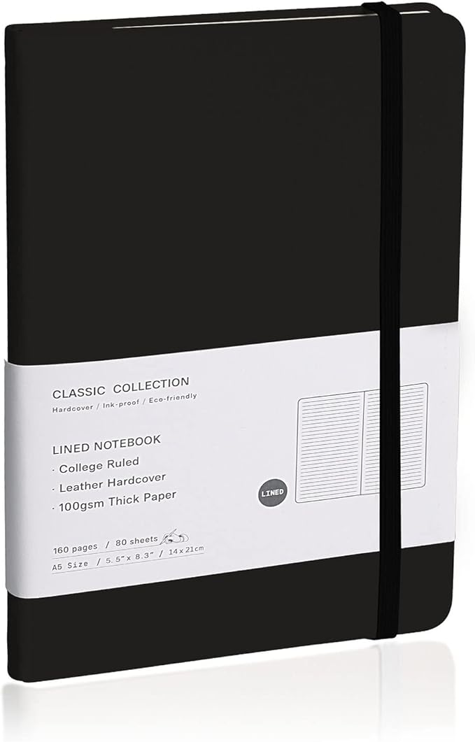 Lined Journal Notebook, (Black), 160 Pages, Medium 5.7 inches x 8 inches - 100 gsm Thick Paper, Hardcover