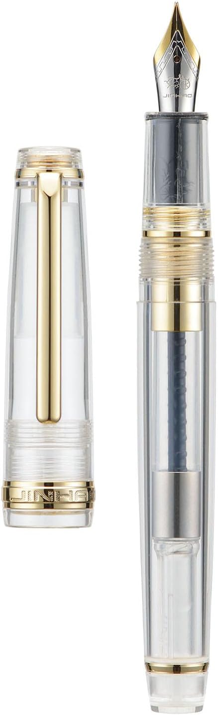 Jinhao 82 Acrylic Fountain Pen, Iridium Fine Nib with Ink Converter, Transparent Unique Design Smooth Writing Pen (Gold Trim)