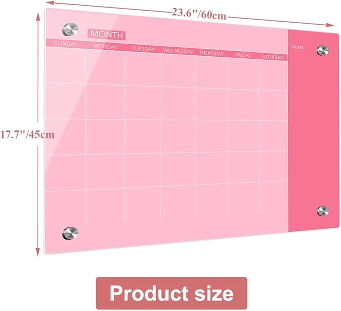 Glass Dry Erase Whiteboard, Pink Glass Monthly Calendar Whiteboard, 18" x 24",Frameless Glass White Board for Home, School, Office, Pink Surface(GlassA-PK-4560)