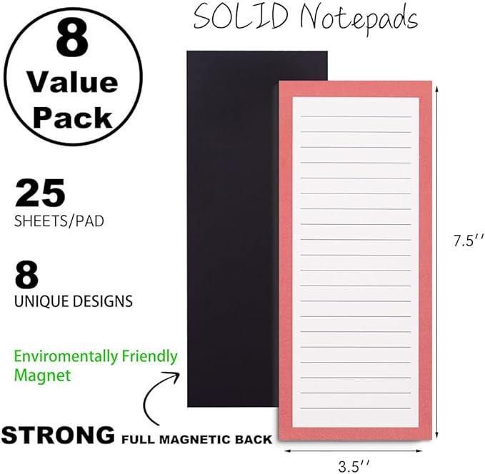 8 Magnetic Notepads – Notepads for Grocery List, Shopping List, To-Do List, Reminders -Strong Magnetic Back- Memo Notepad with Solid Pattern Designs | 25 Sheets per Pad 7.5 x 3.5 inch (8 Pack)