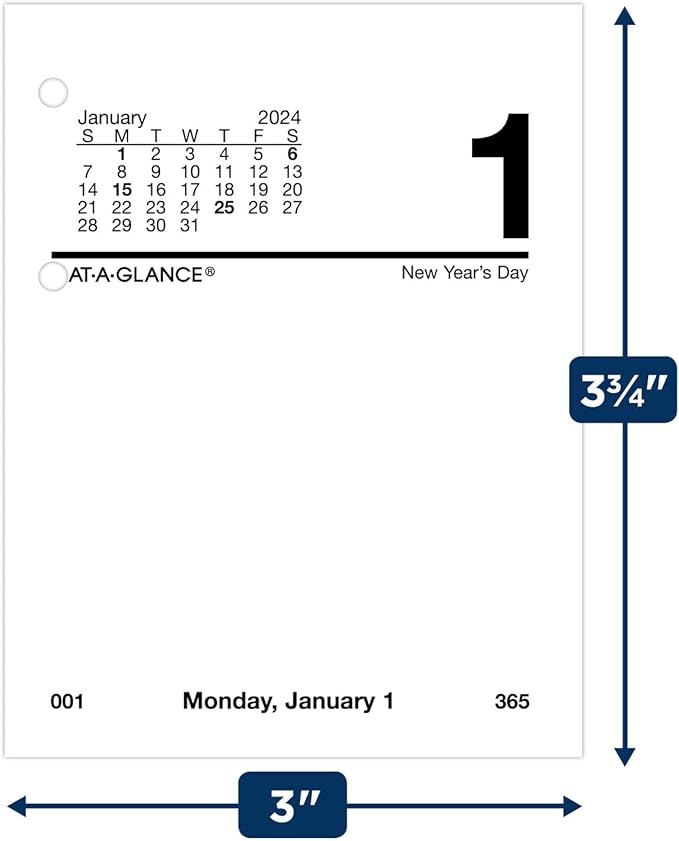 AT-A-GLANCE 2024 Daily Desk Calendar Refill, 3" x 3-3/4", Mini, Loose-Leaf (E9195024)