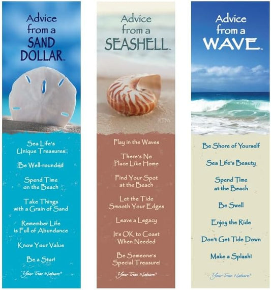 Advice from Nature 3 Bookmark Up on Shore Set, Laminated with Glossy Finish, Printed on Recycled Paper - Sand Dollar, Seashell, Wave (AMBM-UPSHORE)