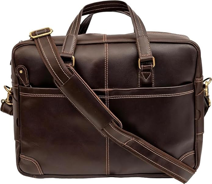 Brown Leather Laptop Bag - Stylish 16 Inch Computer Case for Men and Women - Genuine Leather Briefcase with Multiple Pockets and Shoulder Strap