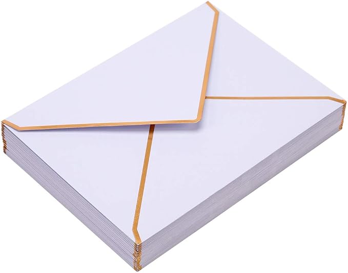 50 Pack White A6 Envelopes 4x6 Self-Adhesive V Flap Envelopes with Gold Border for Office, Greeting Card, Wedding, Graduation, Baby Shower, Parties, Invitations (White, 4x6)