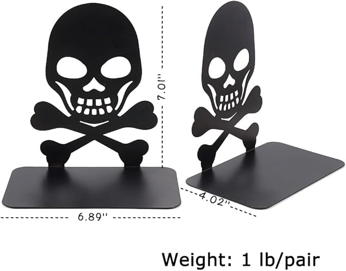 Metal Skull Design Black Bookend - Heavy-Duty Bookends for Shelves, Skull Book Ends for Heavy Books, Book Shelf Holder Home Office Decorative Desktop Organizer (1 Pair A)