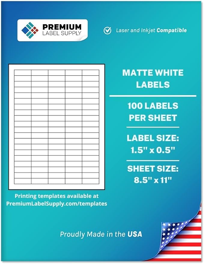 Premium Label Supply White Sticker Barcode Labels – 1.5" x 0.5" – Laser/Inkjet Compatible – (100 per Sheet), 25 Sheets – 2,500 Total Adhesive Labels