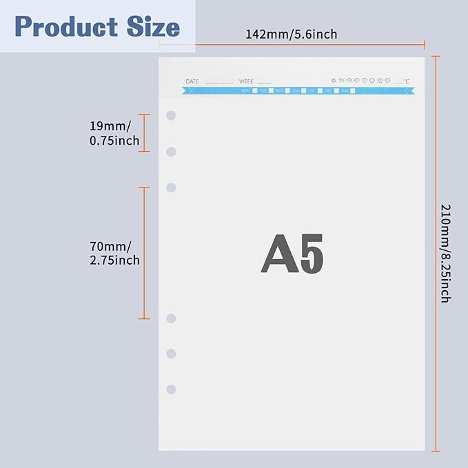 A5 Refills Paper, A5 Binder Planner Loose Leaf Paper,120 Sheets (240 Pages) 6-Hole Notebook Refills for 6-Ring Refillable A5 Ring Binder Notebook Planner, Blank Paper