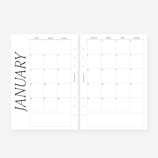 A5 2025 Month on Two Pages Monthly Planner Insert Agenda Refill for 6 ringed A5 Filofax, Kikki K, LV GM agendas (Monthly Classic (Sunday Start, Non-Separable Months))