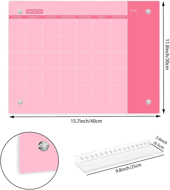 Glass Dry Erase Whiteboard, Monthly Calendar Whiteboard, Frameless Glass White Board for Home, School, Office, Pink Surface, 12" x 16"(GlassA-PK-3040)