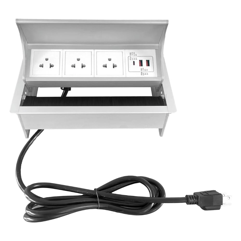 ZESHAN Conference Table Power hub Desktop pop up Outlet with 3 US Plugs and USB C Fast Charger for Home Office Tabletop, 1.8M Extension Power Cord for Desk, Silver