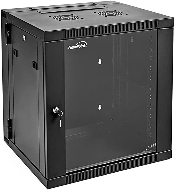 NavePoint 12U Server Cabinet with Hinged Back - 21.6” Deep, 12U Server Rack Enclosure with Locking Glass Door, Wall Mount Rack with Removable Side Panels, 12U Network Cabinet with 2 Fans, Assembled