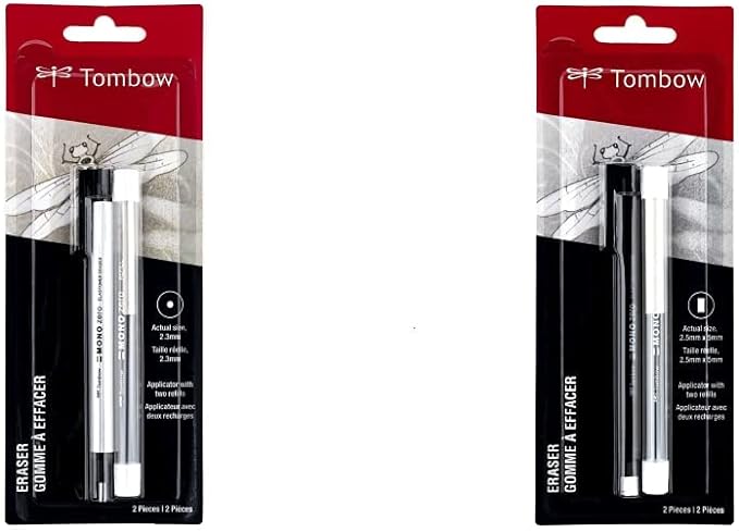Tombow Mono Zero Eraser Value Pack, Round 2.3mm & Rectangle 2.5mm Precision Tip Pen-Style Eraser with Refills