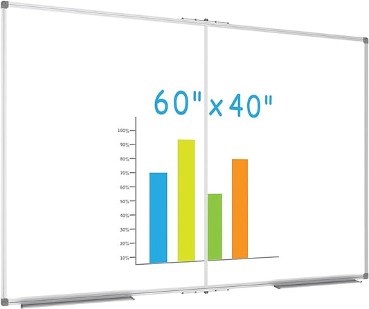 JILoffice Large Foldable White Board 60x40 Inches, Dry Erase Magnetic White Board, Silver Aluminum Frame with 2 Detachable Marker Tray Wall Mounted Board for Office Home and School