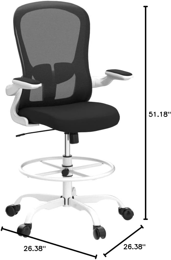 Drafting Chair, Tall Office Chair with Flip-up Armrests Executive Ergonomic Computer Standing Desk Chair, Office Drafting Chair with Lumbar Support and Adjustable Footrest Ring