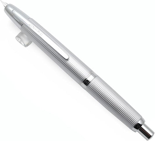 JINHAO 10 Press Fountain Pen, Retractable Metal Pen with Ink Converter (F Nib 0.5mm, Striated Silver)
