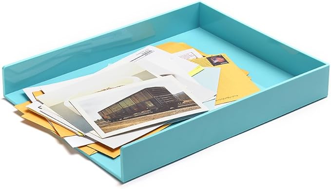 Poppin Stackable Letter Tray - Modular Lacquer Desk Trays for Office Organization, Color-Coordinated Office Supplies for Desk, Paper Trays (Aqua, Letter)
