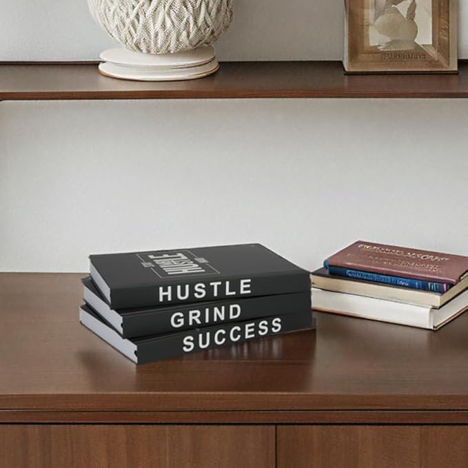 Hardcover Grind Hustle Success Book Decor for Men & Women, Decorative books for Home Decor, Office Decor for Men and Desk Decor for Men, Motivational gift with Black Cover and Blank Pages