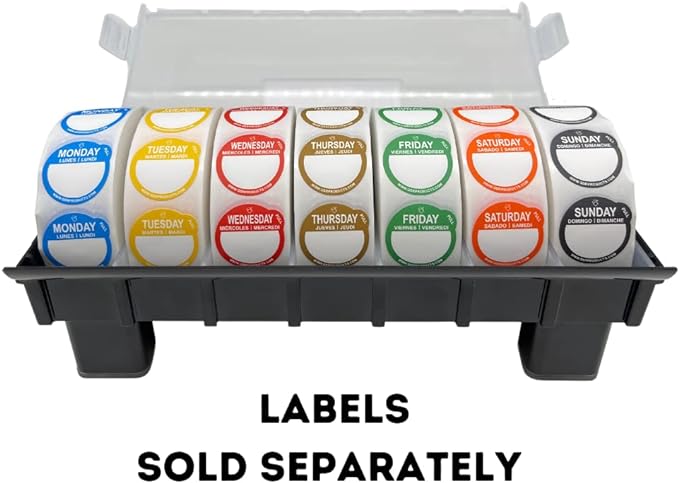 7-Slot Day of The Week Covered Label Dispenser (for 3/4" or 1" Labels) - Food Sticker Holder for Inventory Management and Meal Prep, Protects Labels Inside