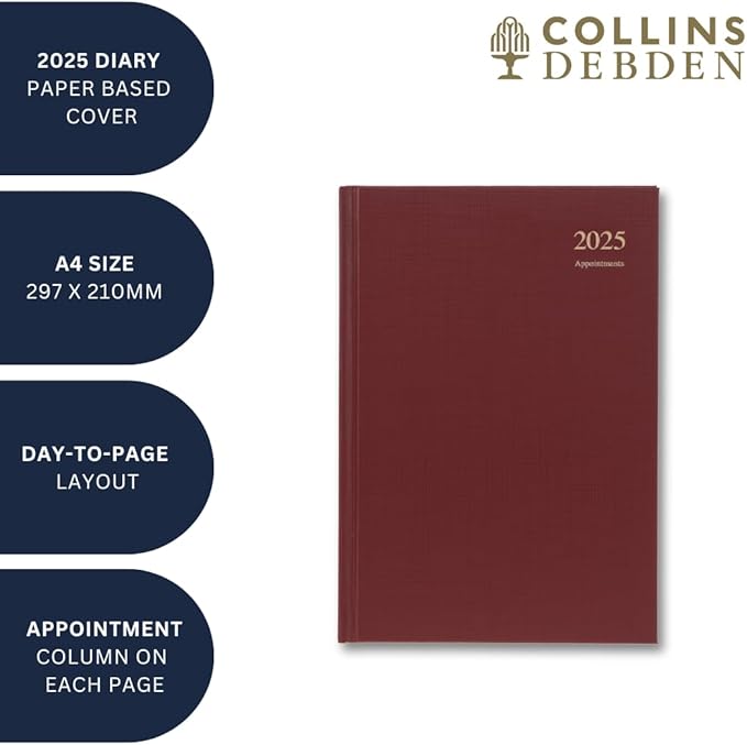 Collins Essential 2025 Business Diary - A4 Day to a Page with Appointments Planner with Leathergrain Hardback Cover - Blue - ESSA41A.60-25