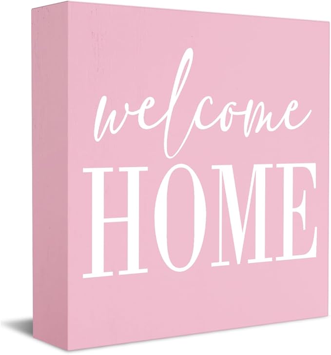 Welcome Home Sign Home Decor Desk Decor Wooden Box Sign Rustic Pink Wood Block Plaque Box Sign for Women Family Friends Farmhouse Living Room Kitchen Bedroom Shelf Table Decoration