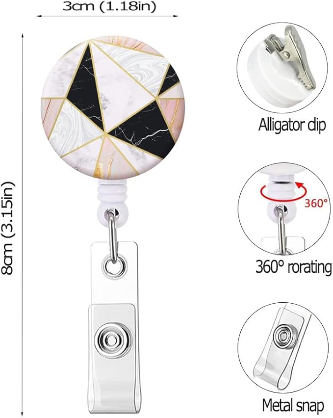 Retractable Badge Reel, Badge Holder with Alligator Clip, Cute Badge Clip on ID Name Card Holders for Nurse Doctor and Office (3Pack Geometric Marble)
