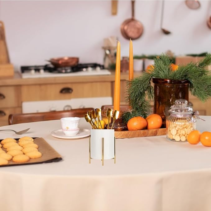 Gold pencil cup Sturdy metal frame with white ceramic pen holder For desks and kitchen appliance holders