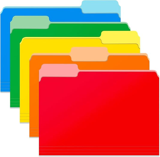 Two Tone Color File Folders 8.5 x 11 Inch, 1/3 Cut Tab File Folders Letter Size, Assorted Colors, Blue Red Green Yellow Orange Manila File Folders, School Business Office Folders for Document -15 Pack