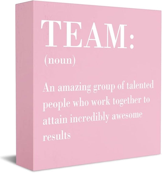 Inspirational Team Noun Office Decor Desk Decor Wooden Box Sign Rustic Pink Wood Block Plaque Box Sign for Home Office Desk Shelf Table Decoration Coworker Gift Team Definition Teamwork Sign